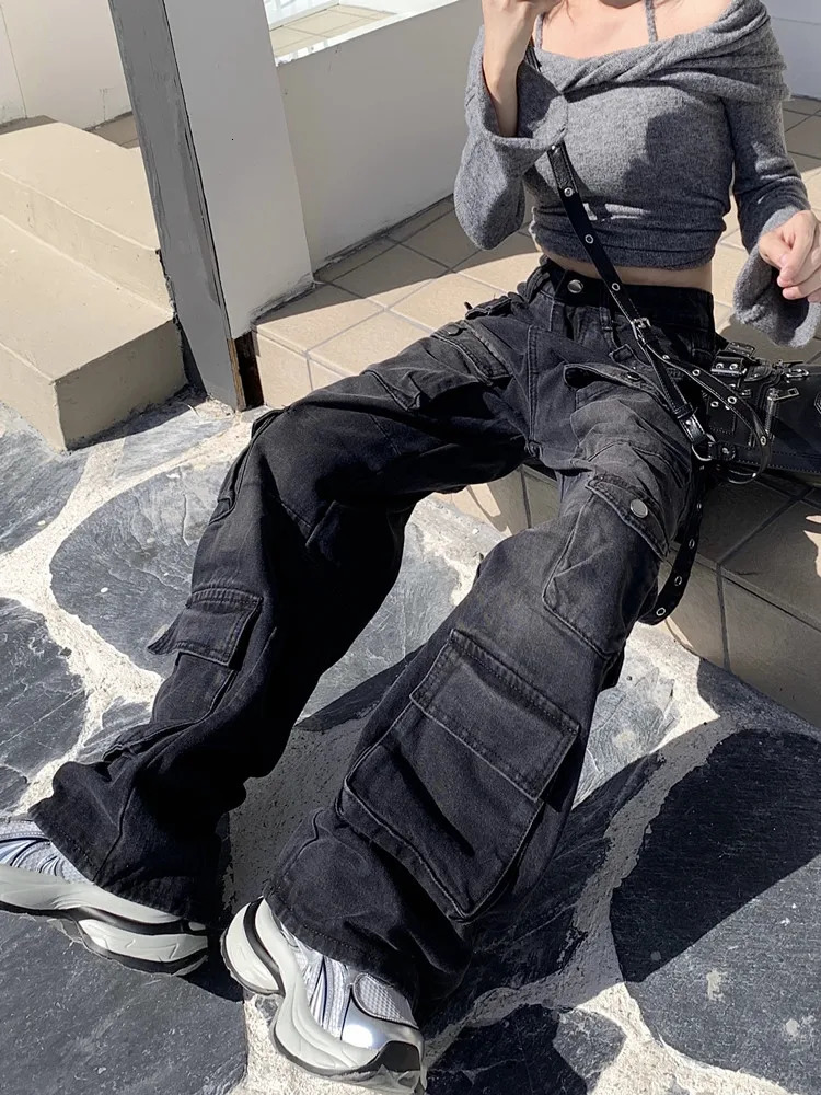 2000S Clothes Y2K Streetwear Washed Black Baggy Cargo Jeans Pants For Women Wide Leg Multi Pockets Straight Loose Lady Trousers 250804