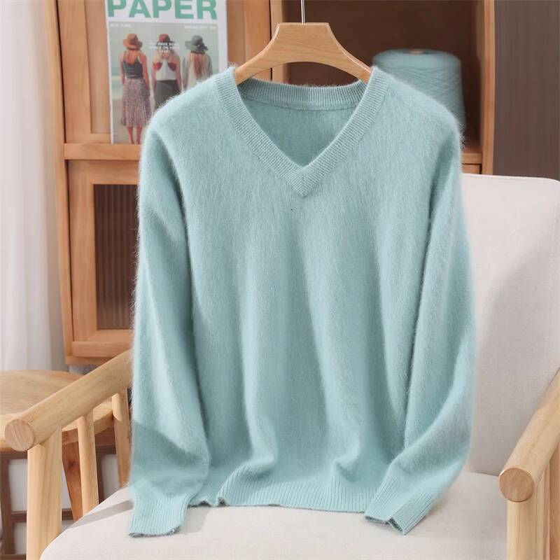 100% Mink Cashmere Sweater V-Neck Versatile Women Knitted Fall Winter Premium Clothes Casual Warm Long Sleeve Pullover dongdumaoyi