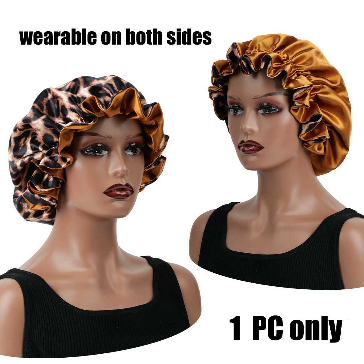 1PC Leopard Print Satin Silk Bonnet Double Layer Sleep Cap Comfortable Casual Hair Care Hat for Daily Use Z250808