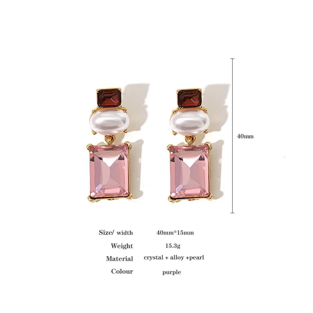 Lifefontier Pink Crystal Geometric Pearl Drop Earrings For Women Sweet Square Rhinestone Wedding Dangle Earring Party Jewelry 250807