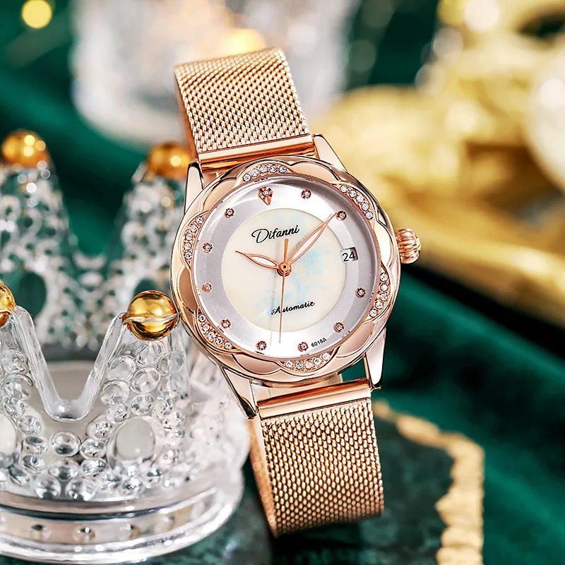 Women Mechanical Watches Automatic Crystal Diamond Wristwatch Lady Waterproof Fashion Casual Luminous Calendar Date Clock 250807