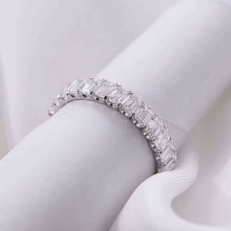 High Quality Siet14k Solid White Gold Full Setting Emerald Cut Eternity Engagement Wedding Band Ring