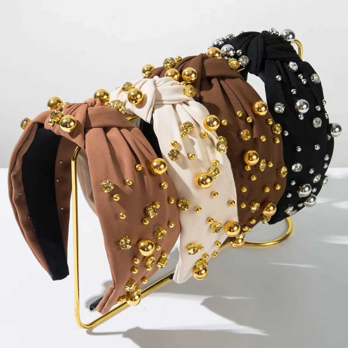 Korean Fashion Simple Gold Beads Diamond Knotted Hair Band Temperament Versatile High-end Hair Accessories Y250808