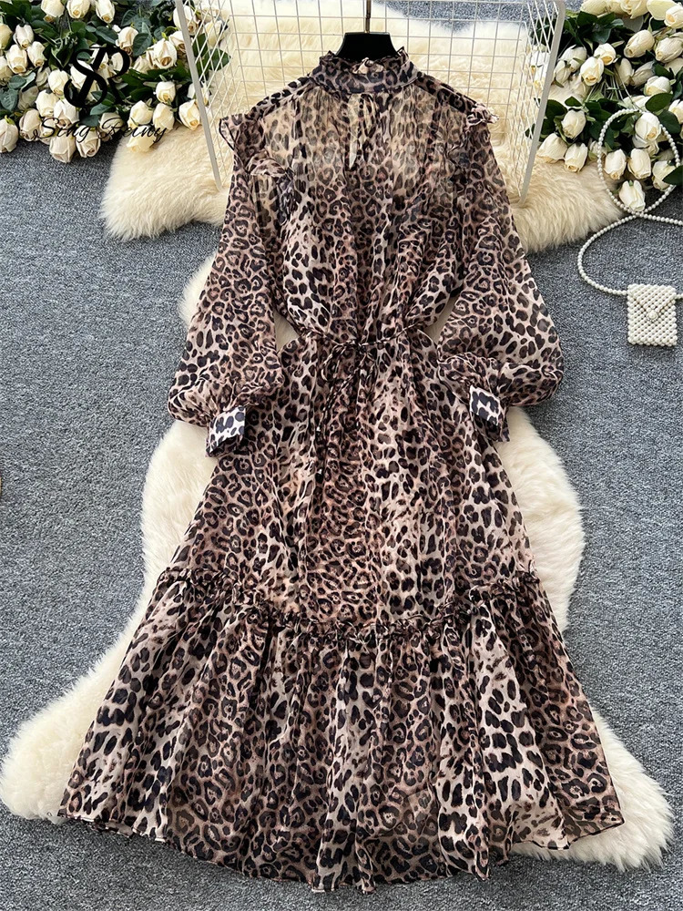 SINGREINY French Style Chiffon Long Dress Autumn Women Stand Collar Lantern Long Sleeves Ruffle Holiday Leopard Print Dress Suit 250728
