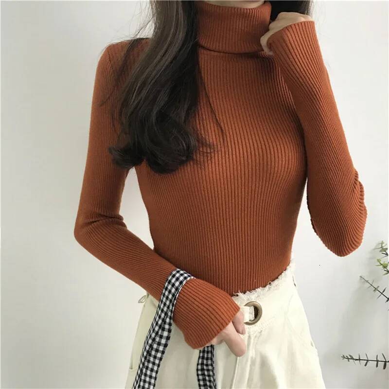 2024 Autumn Winter Thick Women Knitted Ribbed Pullover Sweater Long Sleeve Turtleneck Slim Jumper Soft Warm Pull Femme dongdumaoyi