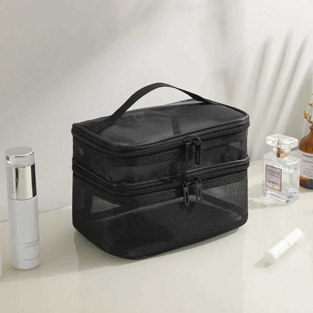 2-Layer Travel Cosmetic Organizer Bag Transparent Folding Mesh Zipper Storage Pouch Large Capacity Makeup W Kit Bag 2025 Y250808