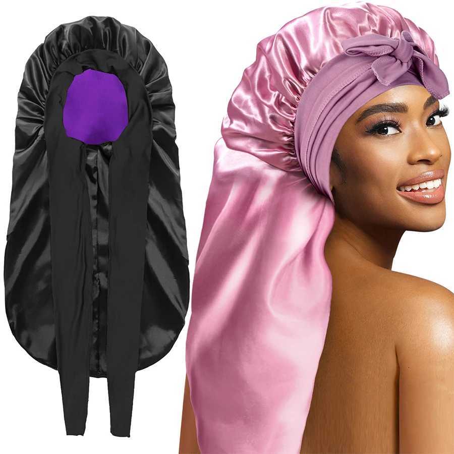 Ekstra Large Hair Long Silk Bonnet Cap With Elastic Satin Hair Band Comfortable Head Cover Night Sleep Hat For Sleeping Shower Z250808