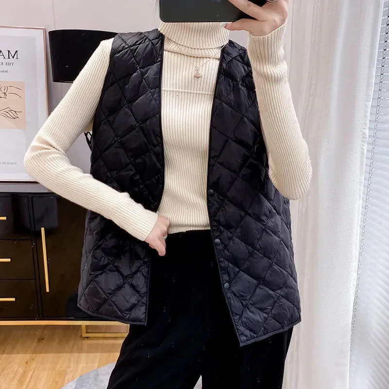 Autumn Winter Down Cotton Vest Womens Loose V-neck warm Light and Thin Coat women Sleeveless Waistcoat Jacket FemaleTops 250804