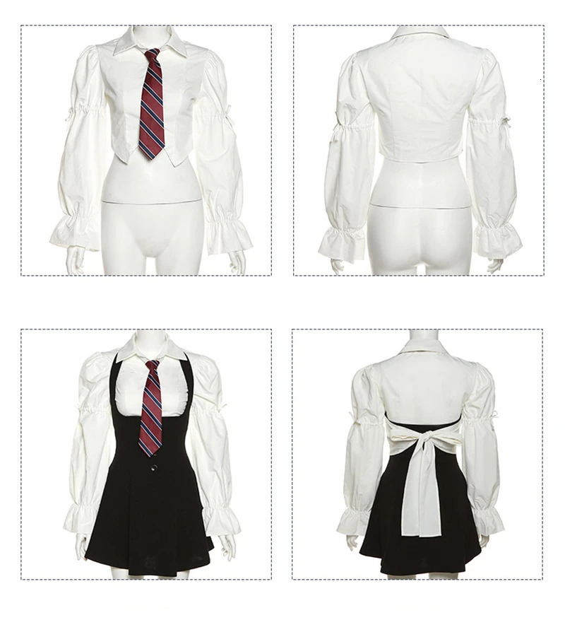 College Style Preppy American Spicy Girls JK Uniform Dress Suit Black Summer Slim Set White Shirt Bishop Sleeve 250729