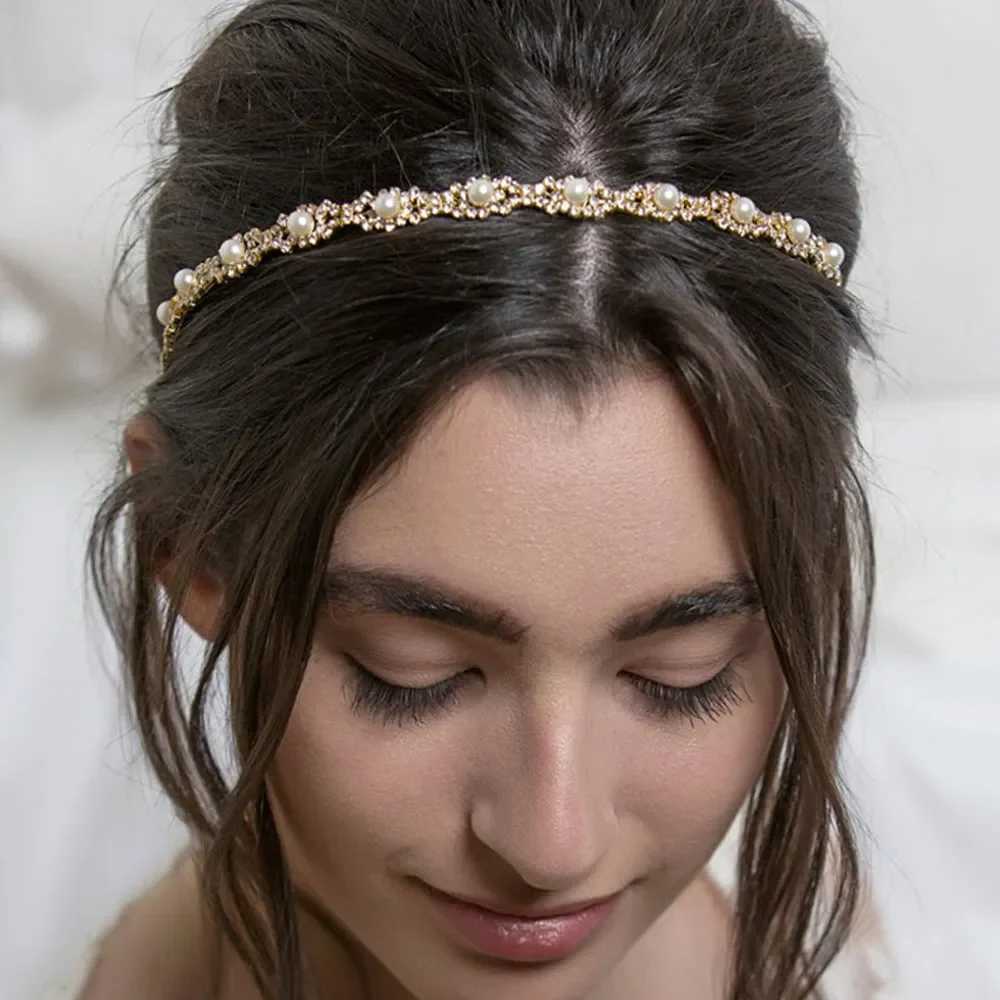 New Fashion Wen Elastic Rhinestone Band Wen Wedding Bridal Hair Chain Pearl Crystal Hair Band Chain Accessories Y250808
