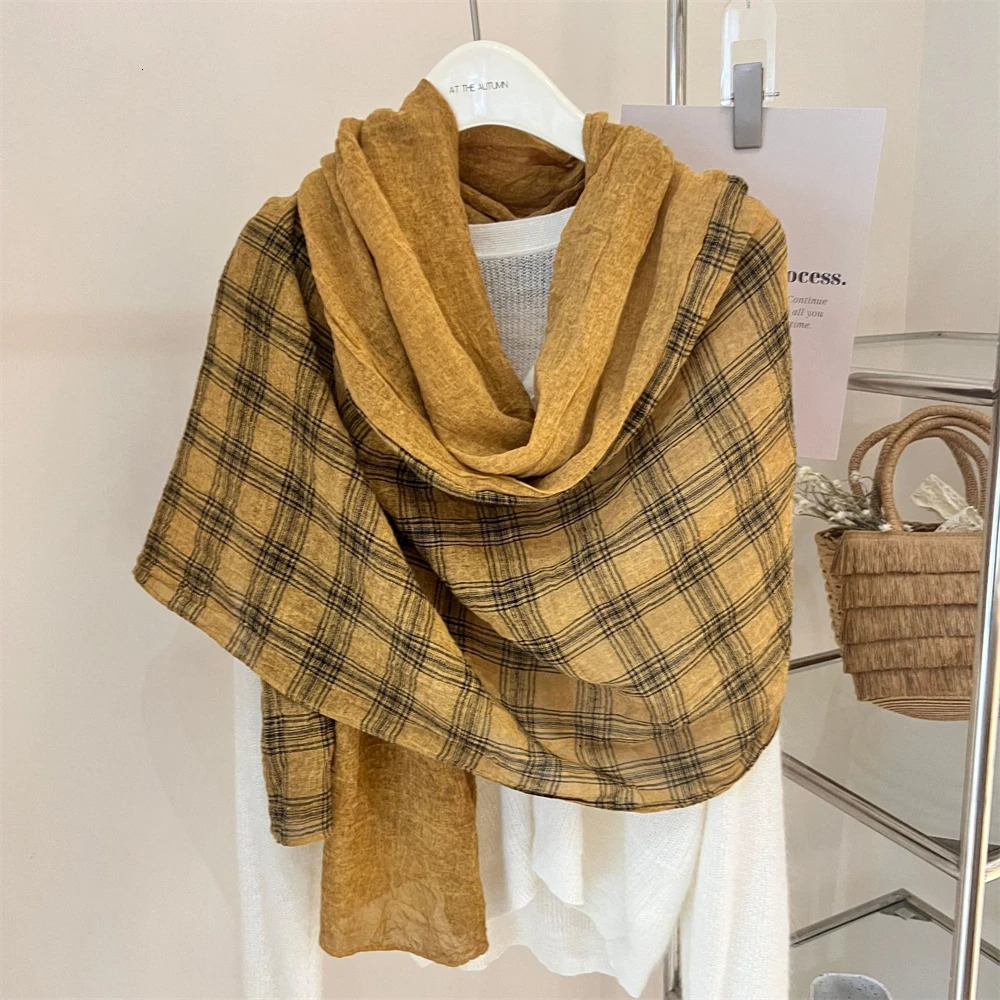 High Quality Linen Plaid Scarf Vintage Unisex British Shawls Wraps Fashion Travel Holiday Beach Towel Summer Sunscreen Scarves 250807
