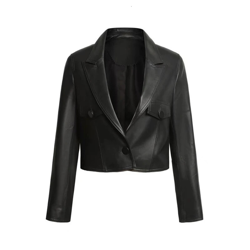 Short Genuine Leather Blazer Jackets for Women Fashion Pink Lapel Single Button Female Long Sleeve Sheepskin Jackets 250804