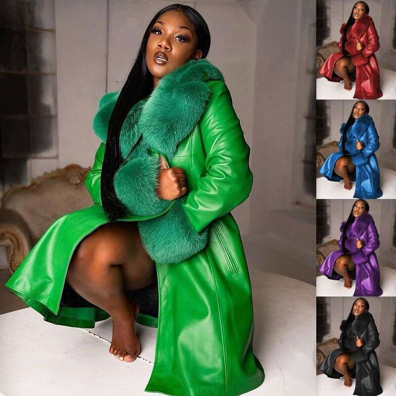 Women's Lapel Long Zip-Up PU fur Coat