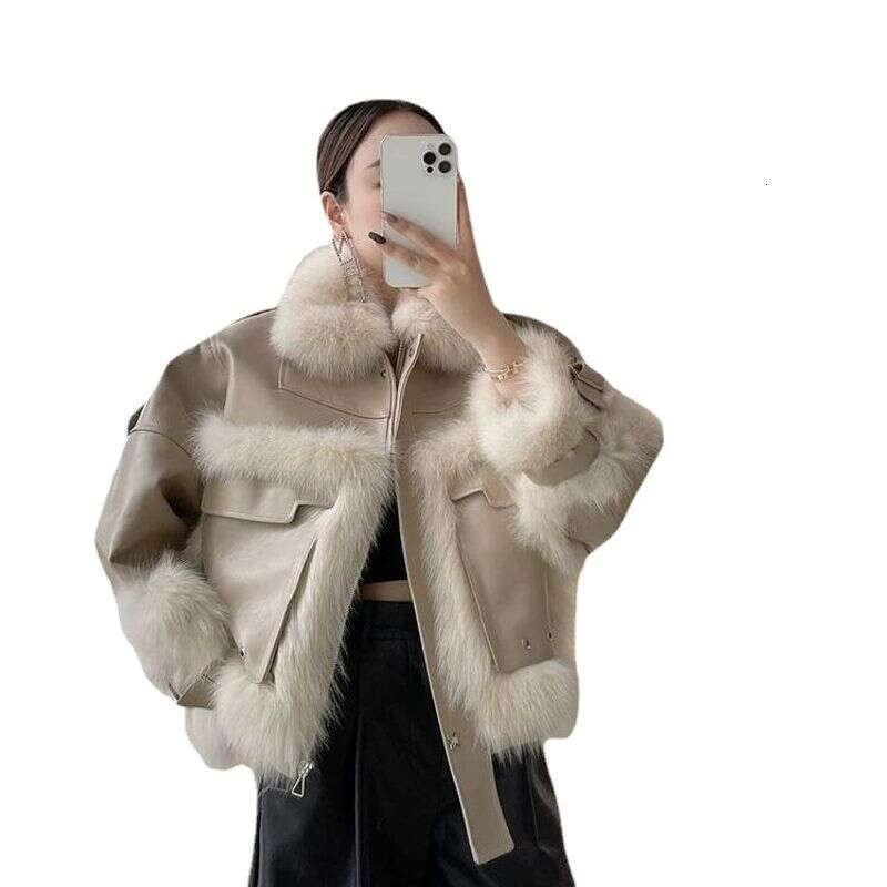 Women's Fox Patchwork Fur Motorcycle Vintage Loose Jacket fur coat