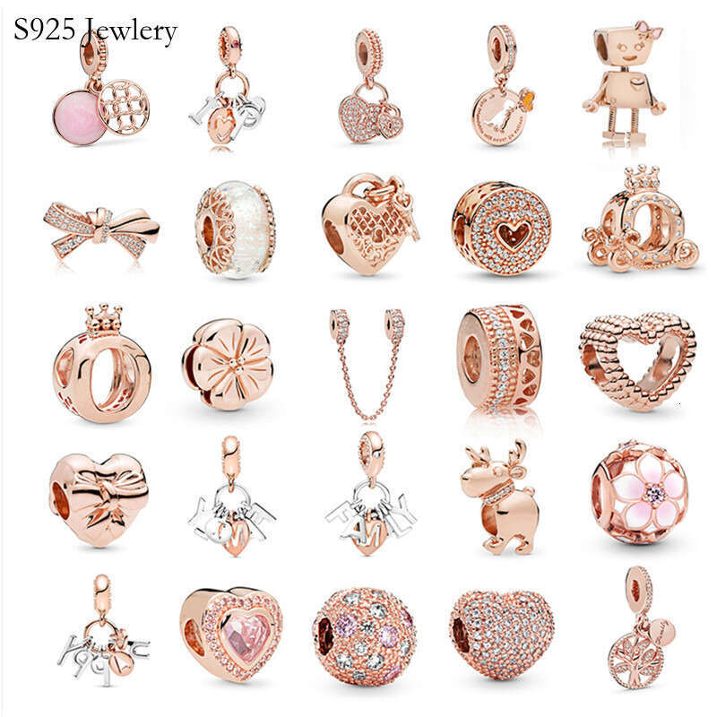 New Popular 925 Sterling Silver Rose Gold Collection Beads Bow Heart Beads Suitable For S925 Snake Jewelry Accessories Making