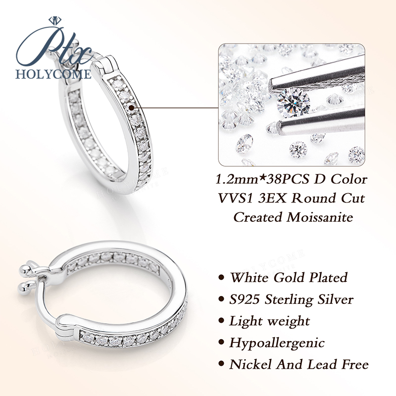 Moissanite Hoop Earrings For Women D Color Original 925 Sterling Silver Jewelry Classic Women's Full Moissanite Diamond Huggie Earrings