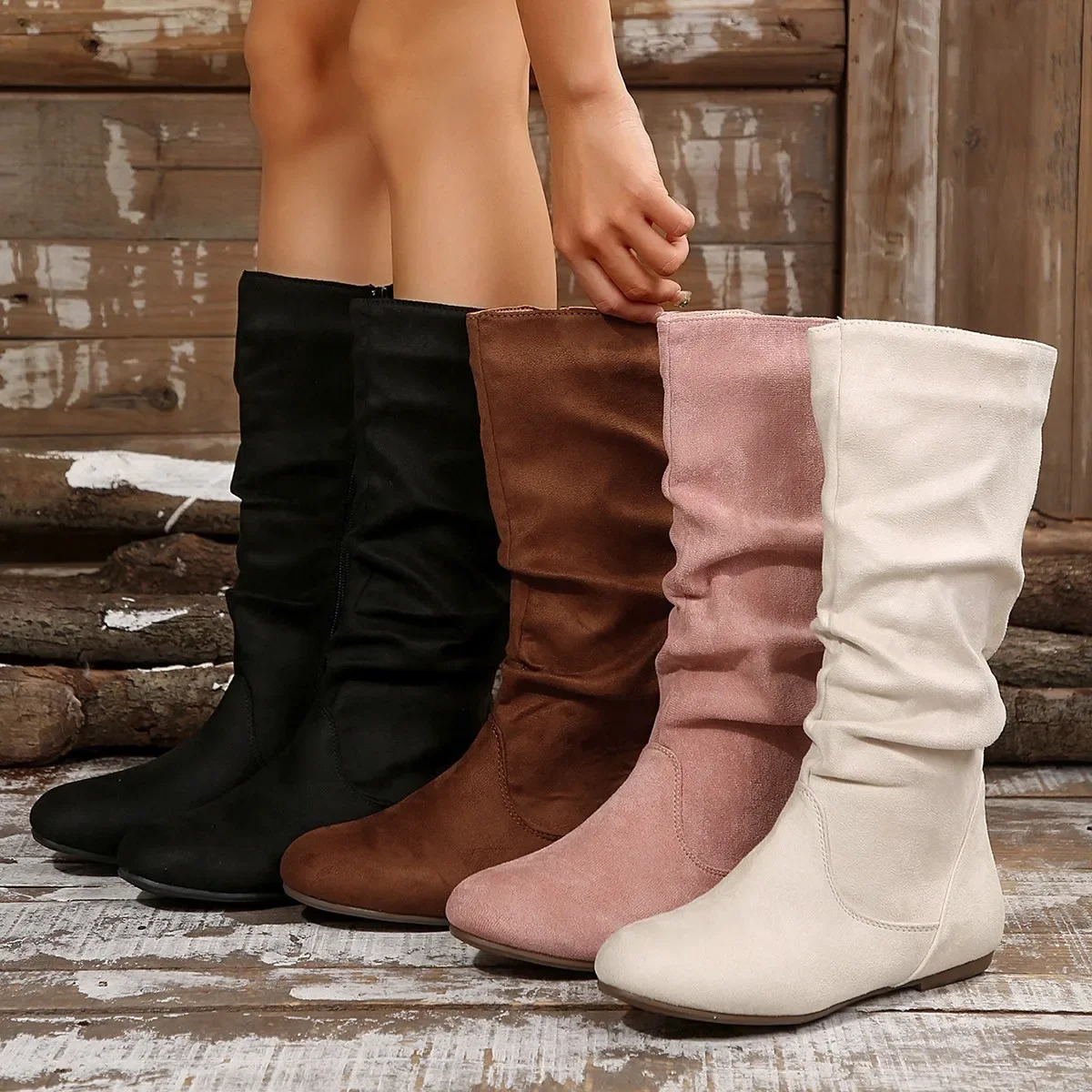 Shoes for Women Spring Knee High Boots Black White Tall Woman Pleated Low Heel Casual Leather Female Long 250801