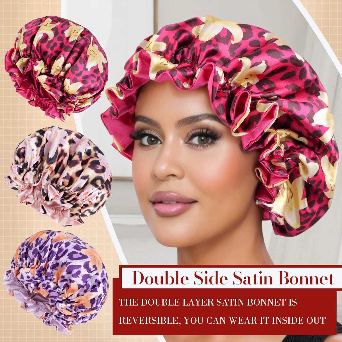 1PC Satin Bonnet for Hair Leopard Floral Print Ruffle Trim Protects Hair Lock Moisture Save Styles Sleep Cap for Women/Men Z250808