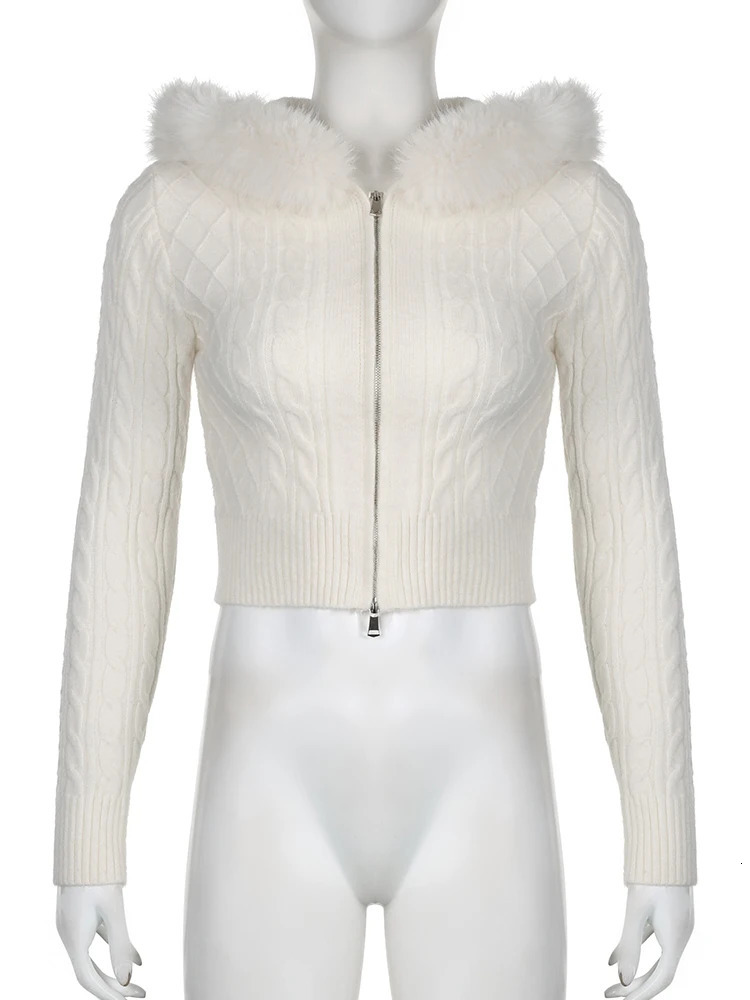 IAMSURE Sweet Furry Trim Hooded Knitted Cropped Cardigans Slim Zipper Long Sleeve Sweaters Women Autumn Winter Fashion Lady 250804