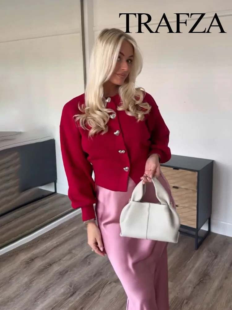 TRAFZA Women Fashion Solid Tops Heart-shaped Buttons Cardigans Female Spring Casual Long Sleeve O-Neck Knitting Sweaters Coats 250804
