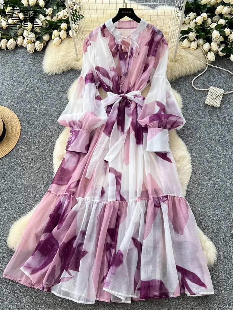 SINGREINY Elegant Print Loose Dress Summer Lantern Sleeves O Neck Sheer Lace Up n 2025 Women French Court Long Sundress 250728