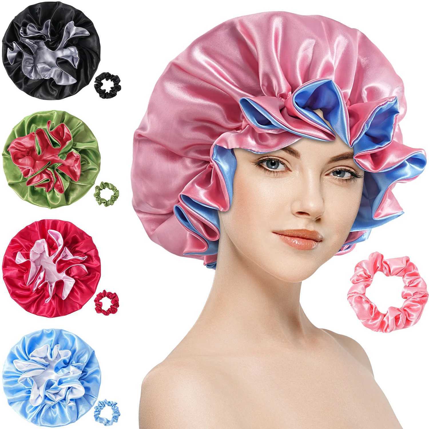 Satin Bonnet Double Layer Colorful Big Flower Edge Sleep Cap Extra Large Round Cap Hair Protective and Breathable Z250808