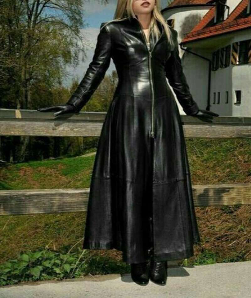 Women's Ultra Long Net Pu Small Stand Collar Leather fur Coat