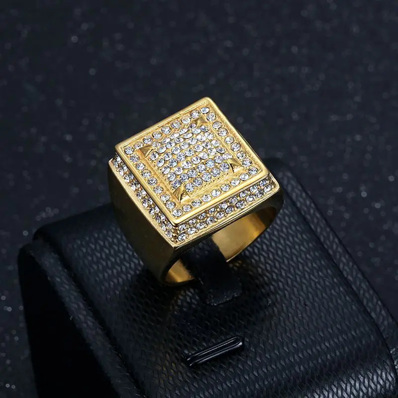 Stainless Steel Hip Hop Gold Plated Square Full Zircon Rings for Men Women Friends Couple Gift Fashion Jewelry 250717