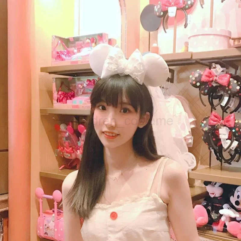 Disney2025 Original Disney Mickey Ears Headband Shanghai Disneyland Minnie Leather Headband Hairband Sequin Bow Party Hair Accessories W250808