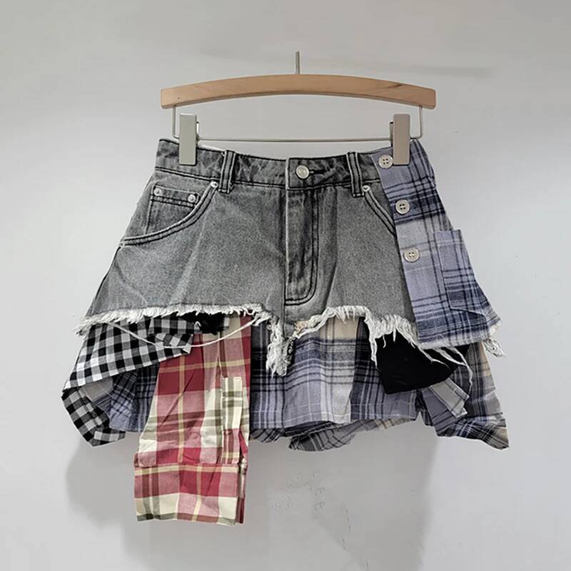 2025 Summer New Women's DEAT Grid Patch Irregular Design Mini Cowboy Skirt Women's High Waist Mini A-line Skirt Summer Fashion L trend H New