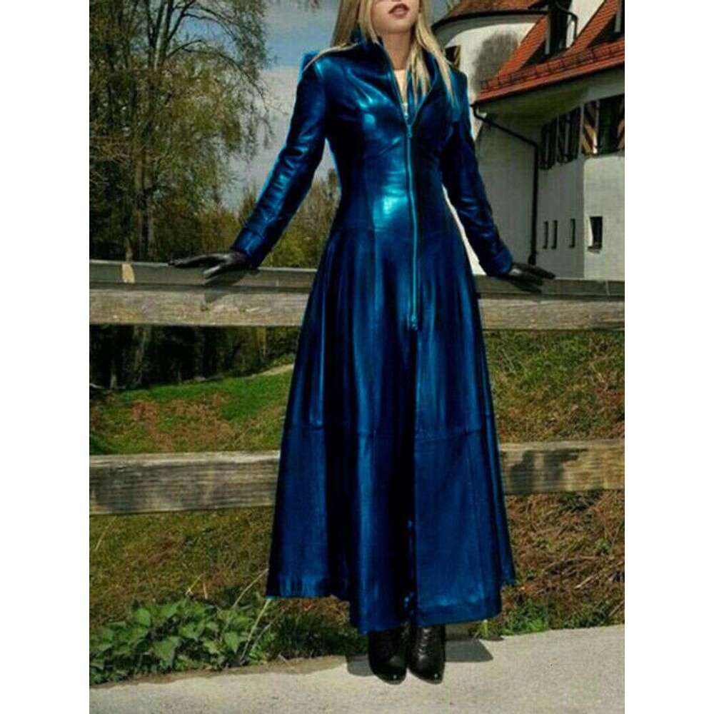 Women's Ultra Long Net Pu Small Stand Collar Leather fur Coat