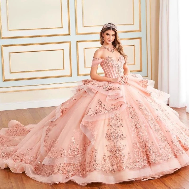 Pink Quinceanera Dresses Ball Gown Off The Shoulder Applique Lace Beading Tull Corset Party Birthday Sweet 16 Dress Vestidos De 15 Anos