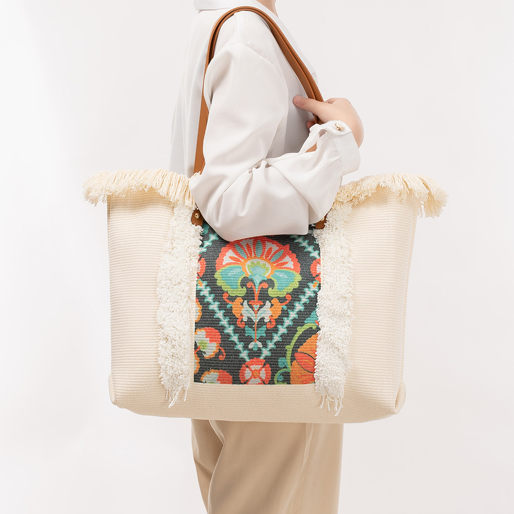 Free Shipping Designer Bag Canvas Bag Large Capacity Women's Tote Bag Four-sided Tassel Luxury Bag Handbag Niche Design Ethnic Style Shoulder Bag