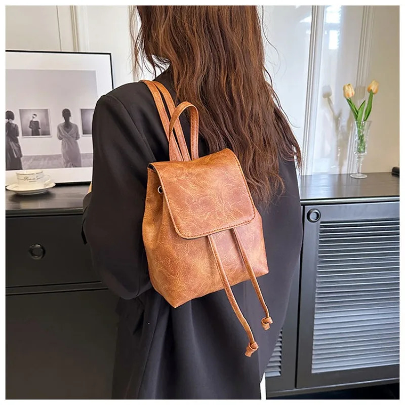 SpringSummer Fashion Backpack for Women Vintage Brown Shoulder Bag Drawstring Artistic Minimalist Backpack 250807