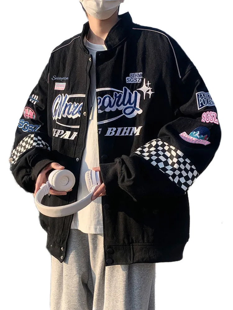 Embroidery Fashion Streetwear Racer Jackets Men Women Y2K HipHop Motorcycle Plaid Vintage Bomber Harajuku Autumn Jackets Coat 250805