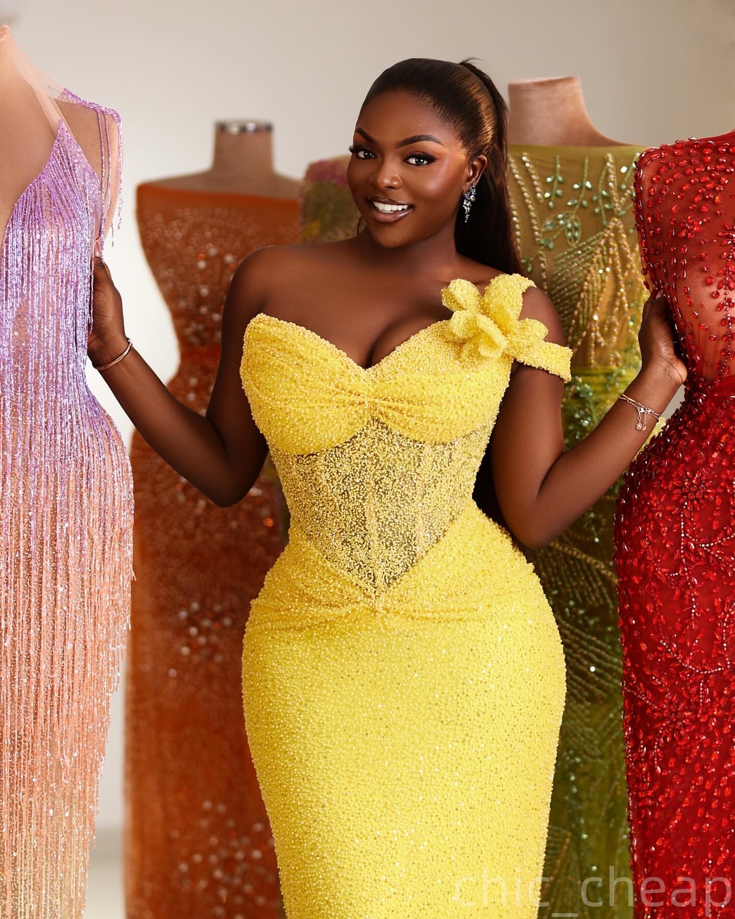 Yellow Sheath Prom Dresses 2025 One Shoulder Sequined Flower Evening Formal Party Second Birthday Engagement Gowns Plus Size Dress For Special Occasio