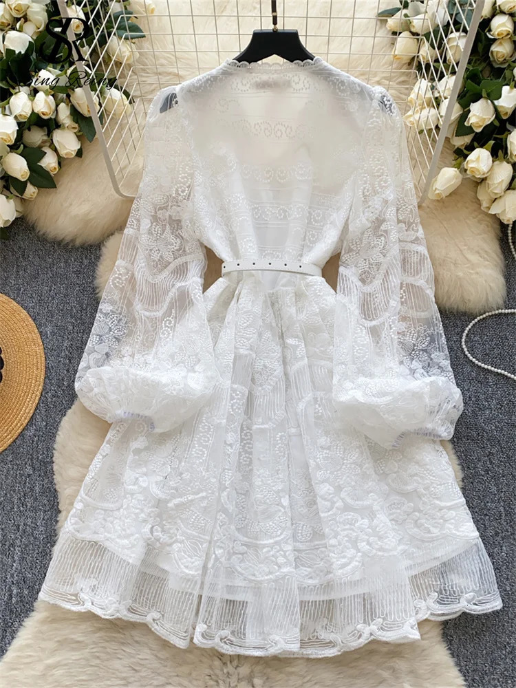 SINGREINY 2025 Senior Women Dress V Neck Lantern Sleeve Embroidery With BeltSlim Sundress Chic Spring Gentle Mesh Mini Dress 250728