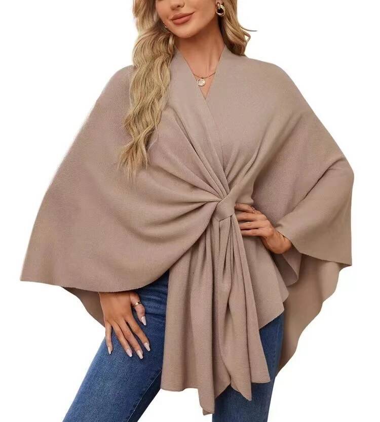 Women's Trendy Autumn And Winter Loose V-Neck Cape Elegant Shawl Wraps Casual Solid Color Soft Open Front Poncho bat shirt dongdumaoyi