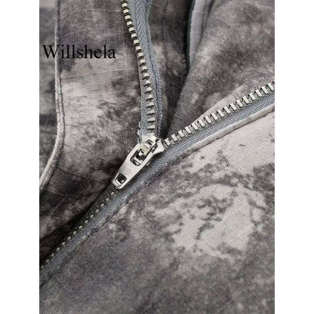 Willshela Women Fashion With Pockets Printed Front Zipper Cargo Pants Vintage High Waist Full Length Female Chic Lady Trousers