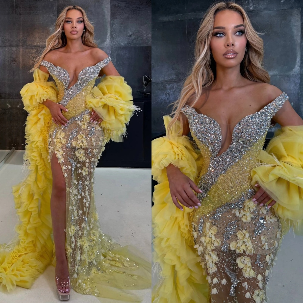 Exquisite 3D Flowers Evening Dresses Off Shoulder Prom Gowns with Tail Crystal High Side Illusion Sequins Customized Party Vestidos De Noche Plus Size