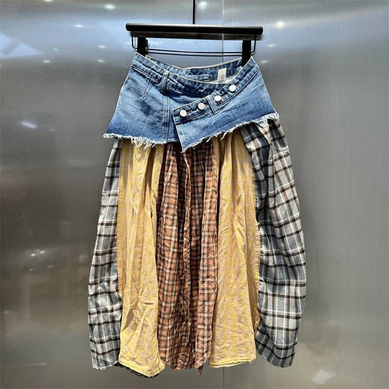 2025 Summer New Women's DEAT Women's Fashion Checkered Cowboy Patch Contrast Color fashion Skirt Spring New Casual A-line Skirt Female New D