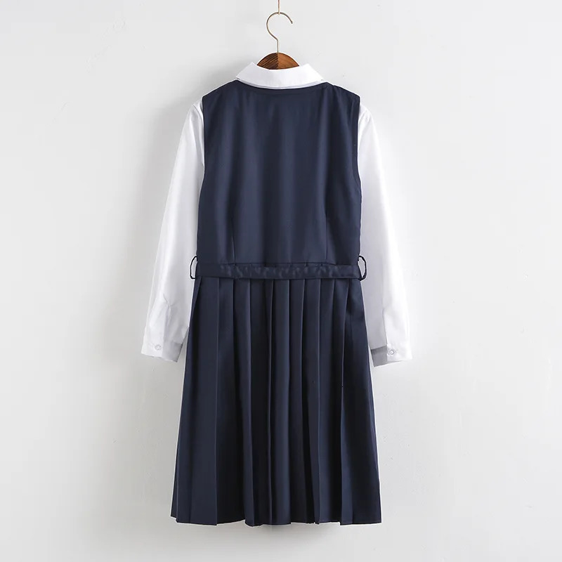 2025 Girls Japanese Korean School Uniform Student Dresses White Longsleeved Top Shirt Anime Form Navy Blue Vest Pleated Skirt 250729