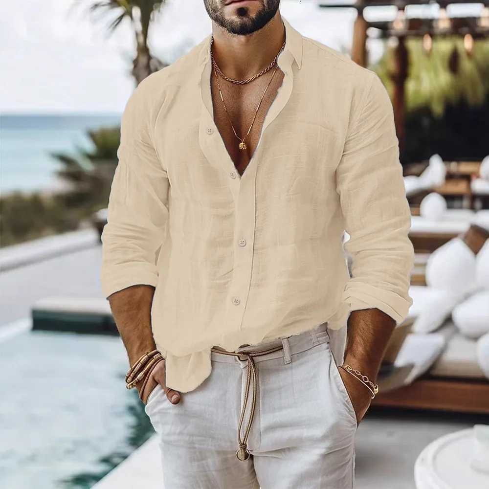 100% Cotton Linen Shirt for Men Summer Beach Style Solid Color Single Breasted Breathable Shirts Lightweight Stylish Button Tops W250808