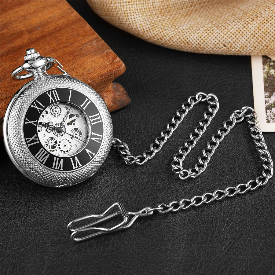 Pocketwatch Silver Roman Numerals Antique Hand Wind Mechanical Pocket Watch Skeleton Steampunk Unique Gear Men Women Top 250807