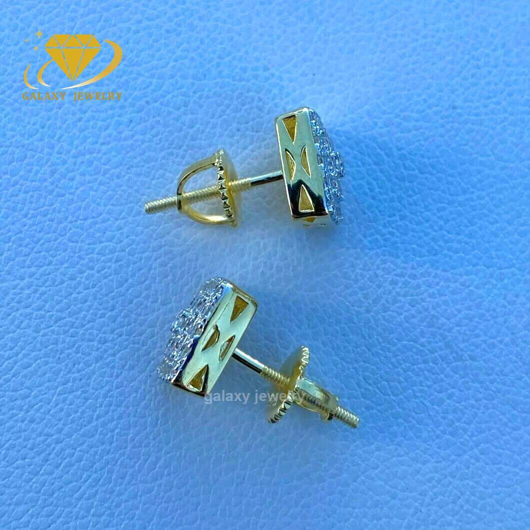 Hip Hop Earrings Real Solid 925 Silver Iced Out Screw Back Gold Plated Square Vvs Moissanite Stud Earrings
