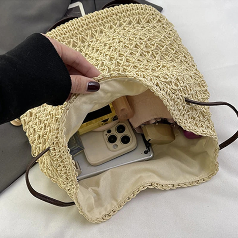 Vintage Straw Backpack Womens Fashion Shoulder Bag Versatile Straw Woven PU Leather Elegant er Backpack 250807