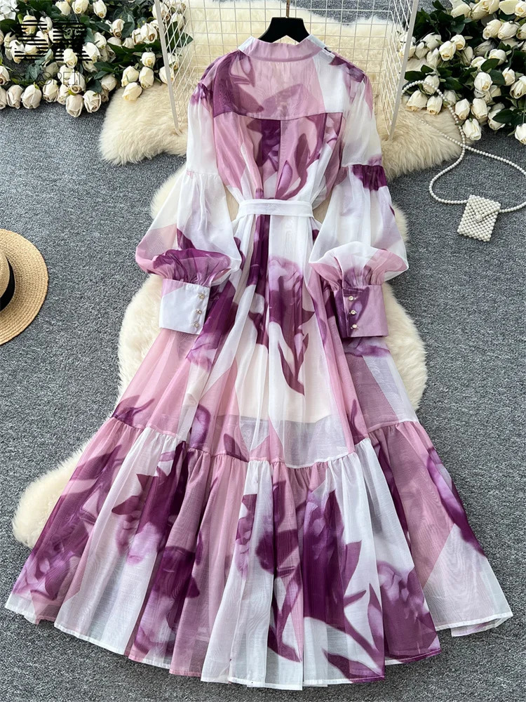 SINGREINY Elegant Print Loose Dress Summer Lantern Sleeves O Neck Sheer Lace Up n 2025 Women French Court Long Sundress 250728