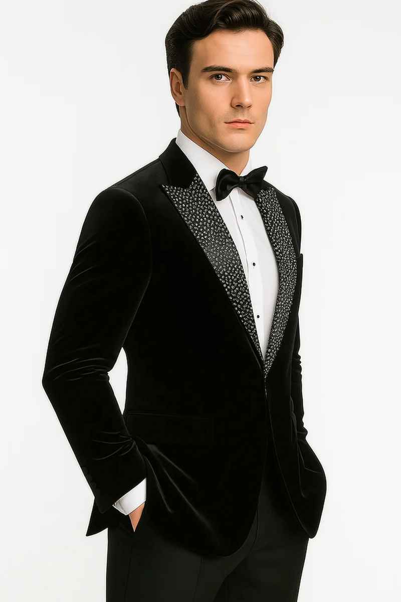 Luxury Black Peaked Lapel One Button Blazer Trousers Beaded Party Wear Male Suits Wedding Costume Homme Slim Fit Outfit 2Pcs Jacket Pants