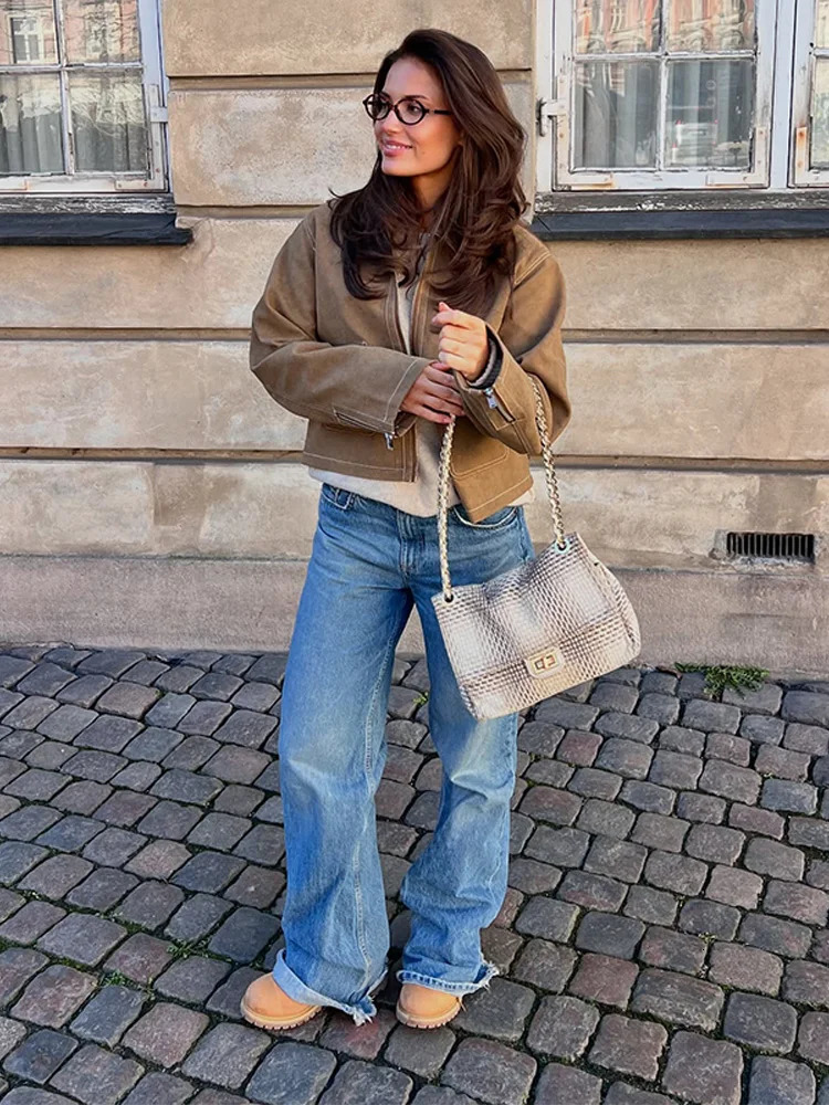 Vintage Suede Lapel Zipper Short Jacket Women Casual Loose Solid Pocket Jackets Female Versatile Fashion Street Outwear 250805