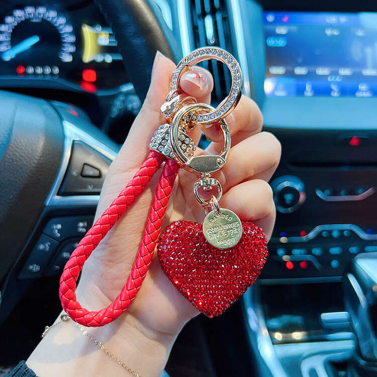 Clay Full Drill Heart with Diamond Inlaid Leather Strap Heart-Shaped Car Keychain for Women Exquisite Pendant
